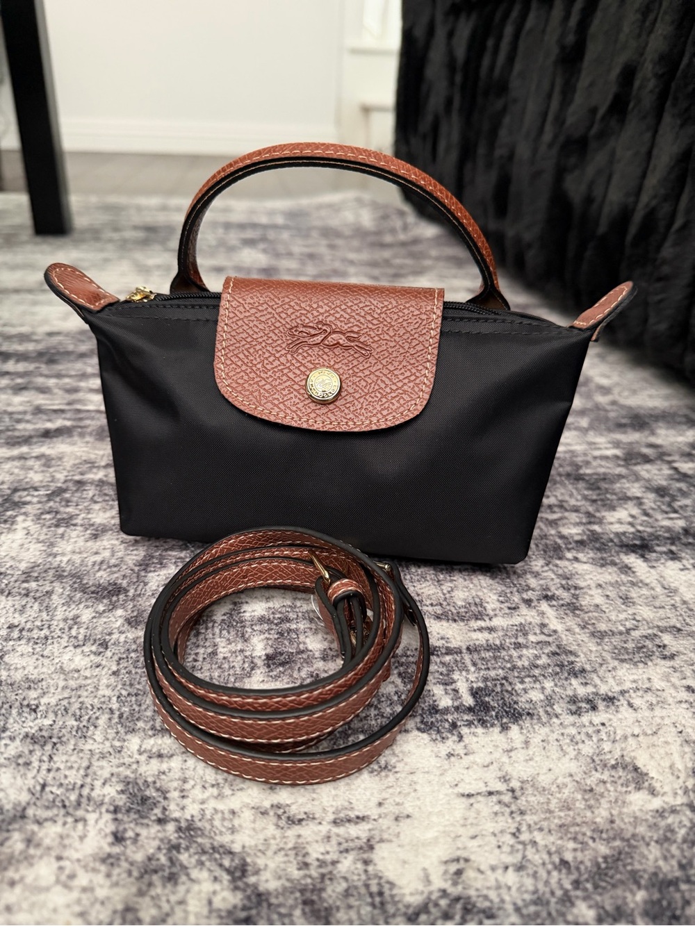 Longchamp Le Pliage Mini Tote Bag - Black with Brown Trim